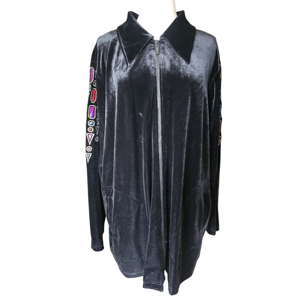 Bob Mackie Wearable Art Velour Jacket Womens 2X Black Embroidered Jewels Casual